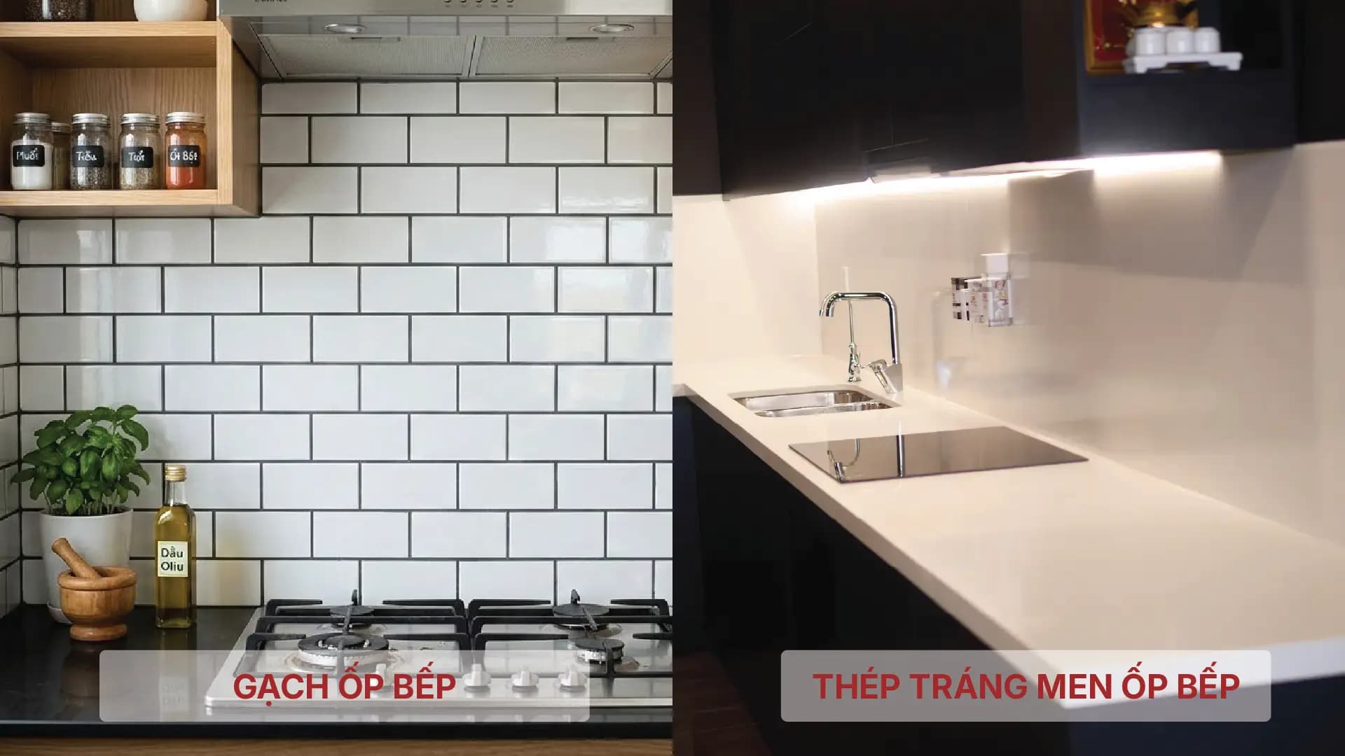 So sánh tường bếp ốp gạch có kẽ ron và tấm ốp thép tráng men sứ liền mạch với phụ kiện nam châm Kurashi
