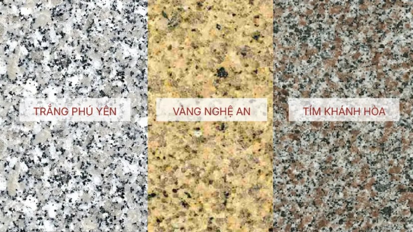 Ba mẫu đá granite Việt Nam: trắng Phú Yên, vàng Nghệ An, tím Khánh Hòa