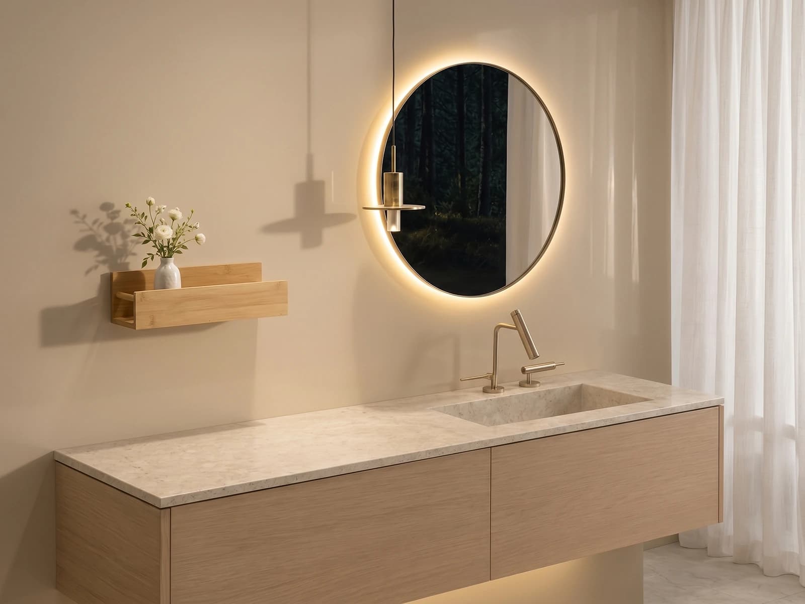 Ốp tường lavabo nhà tắm bằng thép tráng men, kệ tre nam châm gắn trên tường