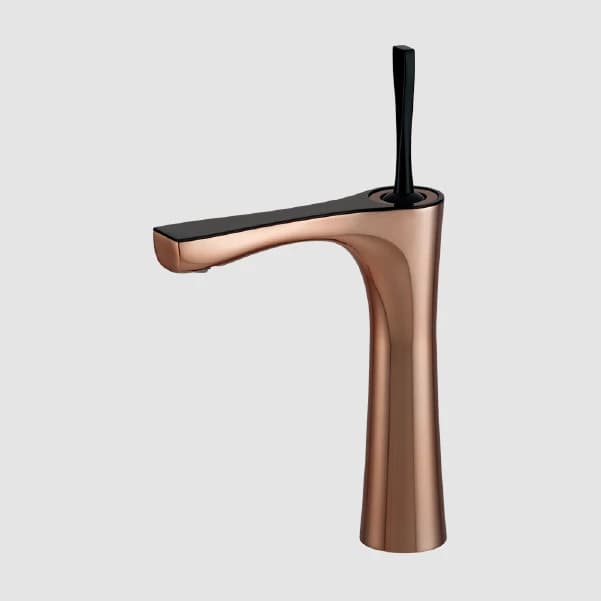 Vòi lavabo cổ cao màu rose gold, cần gạt đen