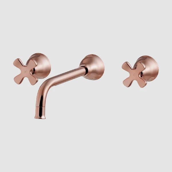 Vòi lavabo gắn tường hai tay vặn chữ thập màu rose gold