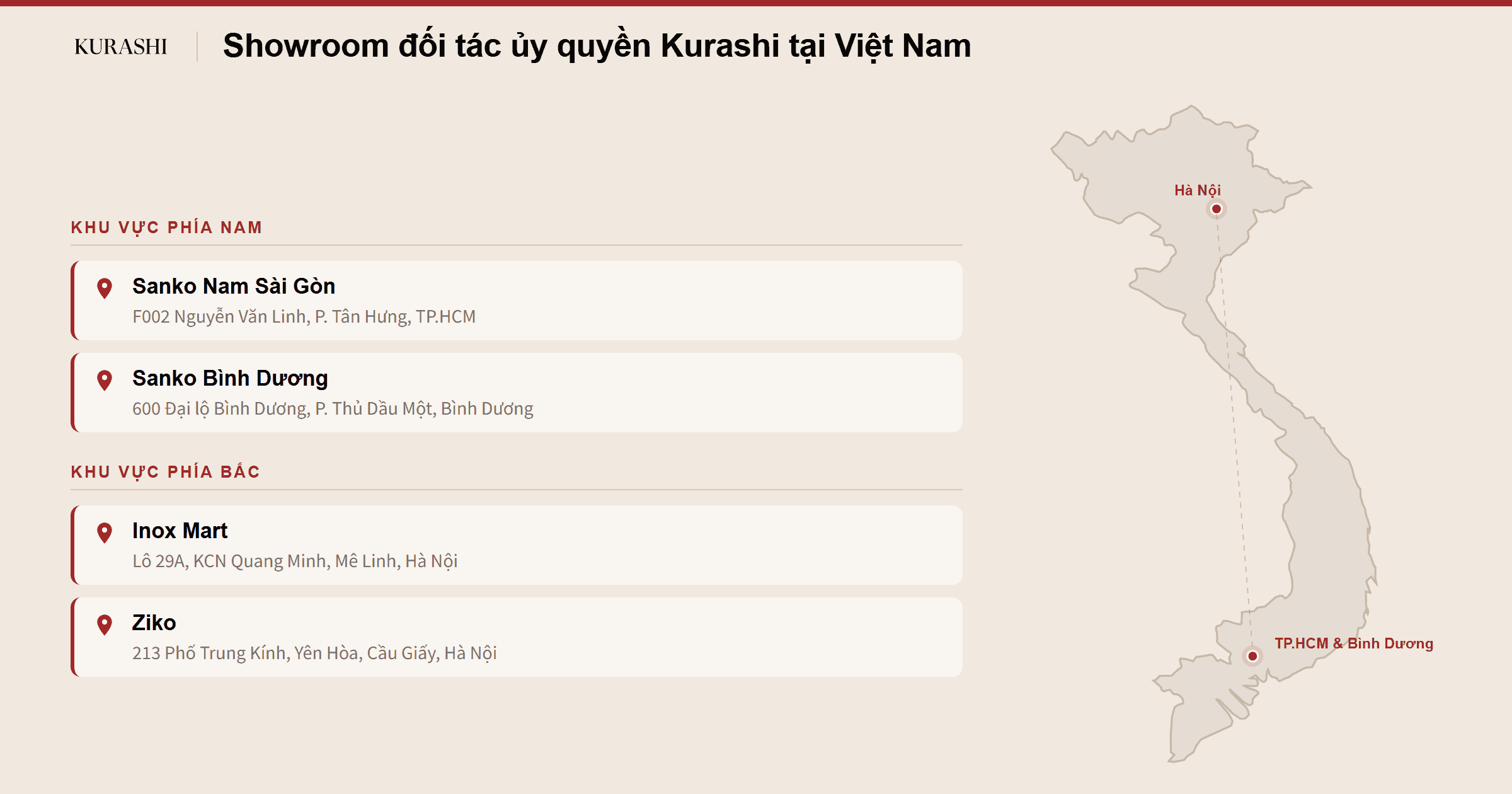 Bản đồ 4 showroom đối tác ủy quyền Kurashi tại TP.HCM, Bình Dương và Hà Nội